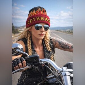 Thrashin motorcycle accessories knit cap hat beenie red black flames biker NWT